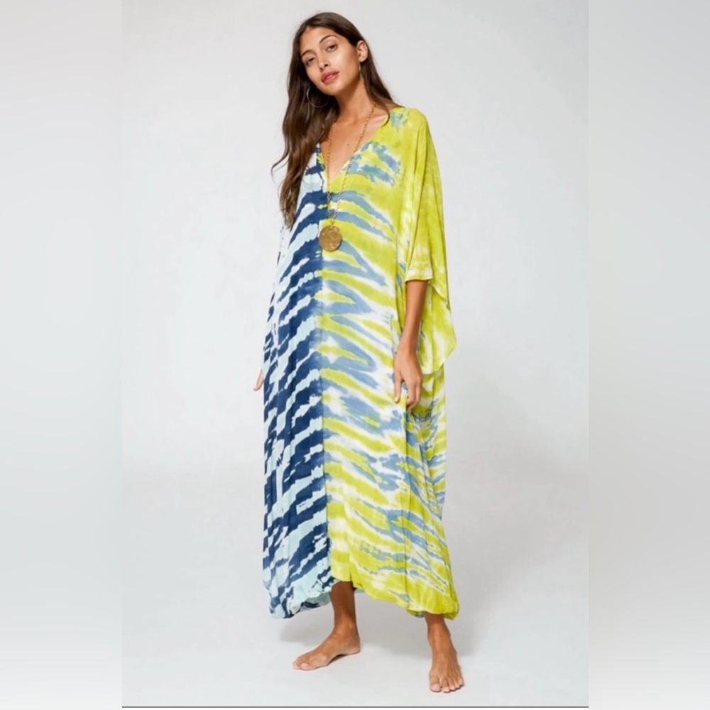 🌟YOUNG FABULOUS BROKE YFB Cyrilla Tie Dye Kaftan Dress in Zest Reef Wash 🌟 M/L - Picture 7 of 16